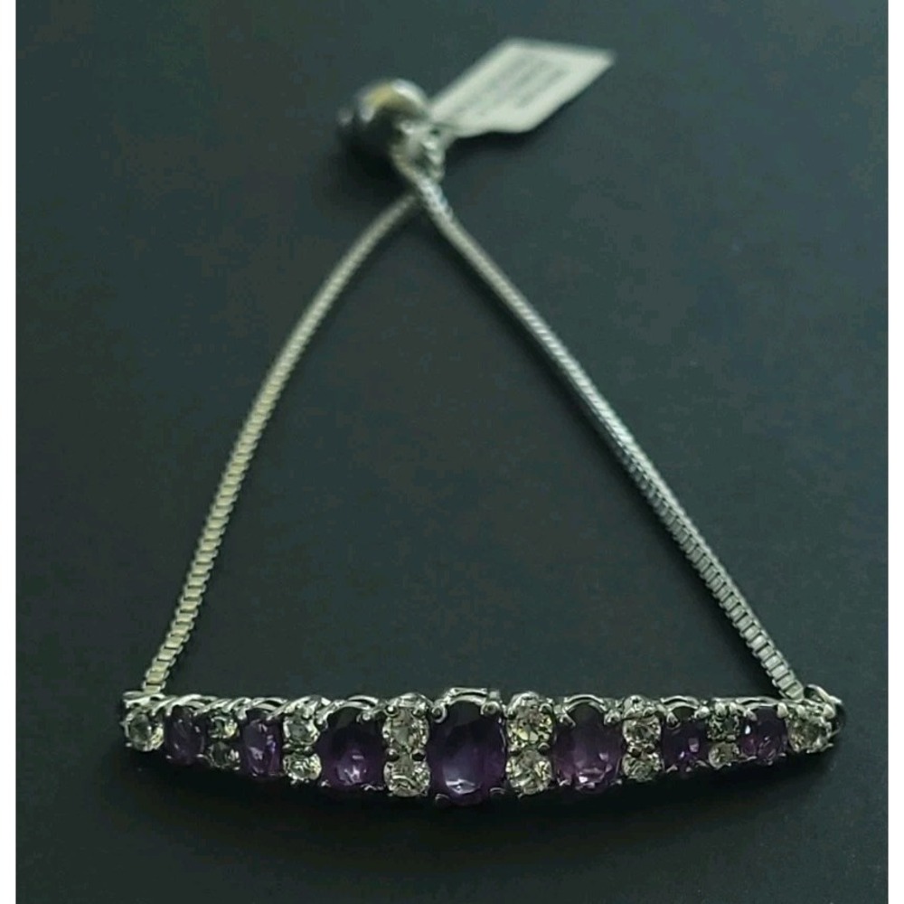 Purple Clear Rhinestone Adjustable Bolo Bracelet Silver Tone Slider